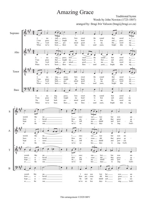 Amazing Grace Satb A Capella Arr Bragi Thor Valsson Sheet Music Traditional John Newton