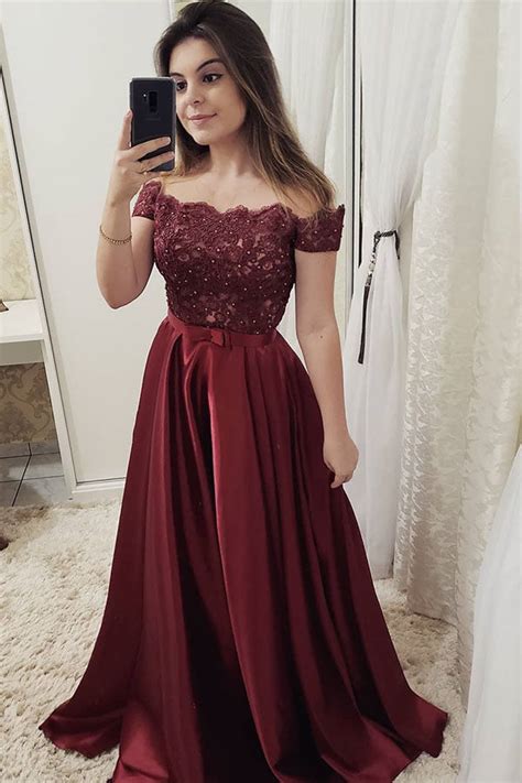 Chic Burgundy Off Shoulder Floor Length Satin Lace Prom Dresses P971