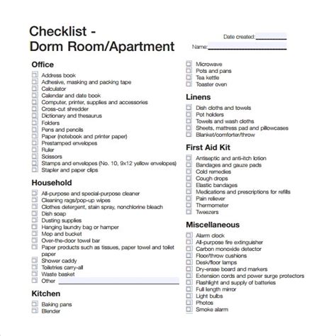 Review Of Dorm Room Checklist List References