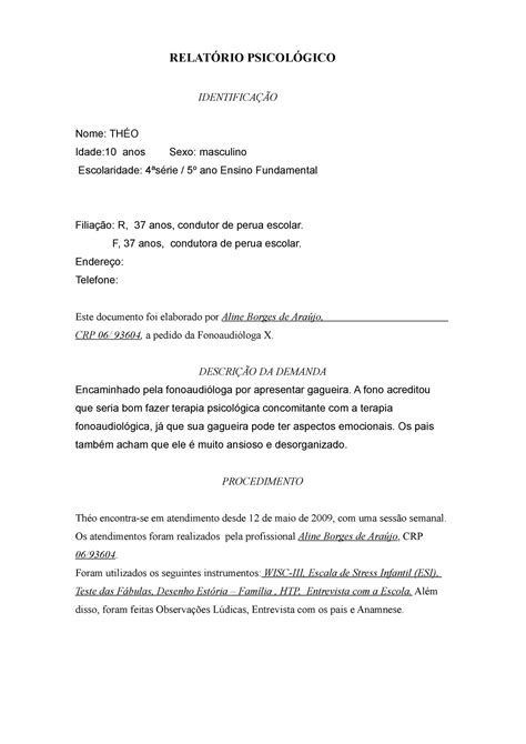 Laudo Psicol Gico Exemplo Pdf Braincp