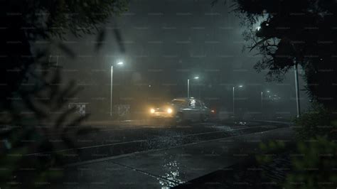 A car driving down a rain soaked road at night photo – Night Image on ...