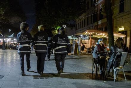 municipal police officers patrol pedestrian area editorial stock photo