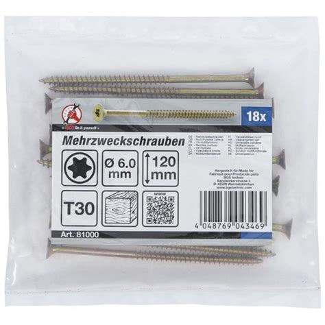 Set 18 Viti Da Legno 6 0 X 120 Mm Torx TX30 Art BGS81000 Biba Ricambi