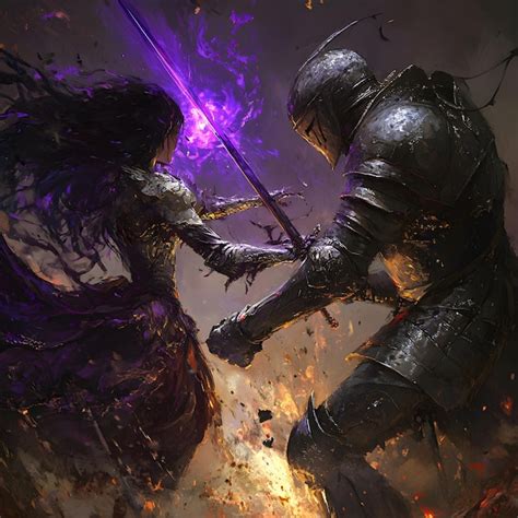 Two Knights Fighting With Swords In A Dark Room With Smoke And Fire