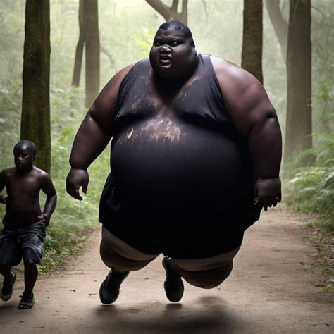 Obese Guy Big And Black Chasing A Kid In The Forest