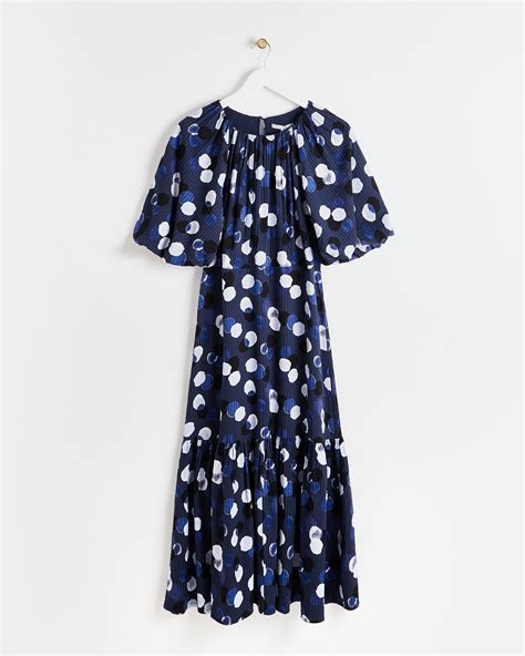 Inky Spot Puff Sleeve Blue Midi Dress Oliver Bonas