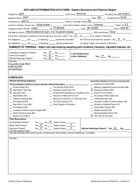 Fillable Online Wetland Determination Data Formeastern Mountains And