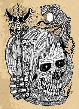 Grunge Illustration With Scary Skull Wearing Hood Holding Magic