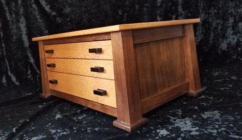 Large Handcrafted Black Walnut And Lacewood Jewelry Box With Three