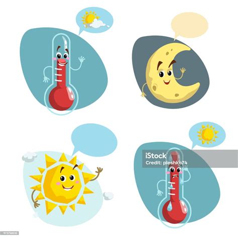 Cartoon Weer Tekens Instellen Vriendelijke Zon Lachende Thermometer