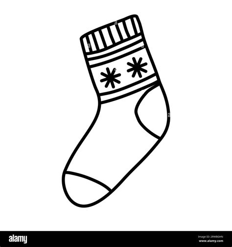 Knitted Warm Sock With Snowflakes And Stripes Doodle Style Flat Vector Outline Illustration For