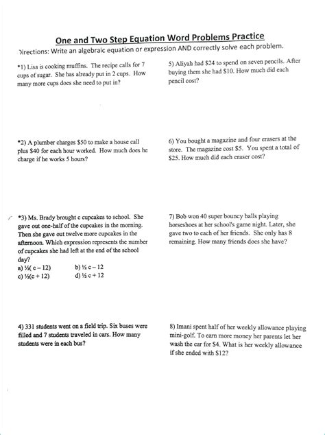 Equation Word Problems Worksheets