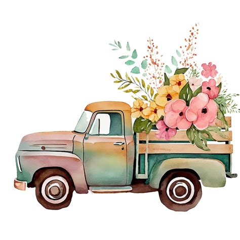 Retro Trucks With Flowers Clipart Jpgs Digital Paper Etsy