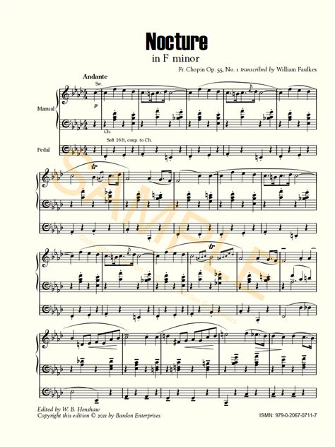 Bardon Music Organ Sheet Music Frédérick Chopin Nocturne in F