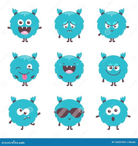 Set Of Cute Cartoon Bluel Monster Emotions Funny Emoticons Emojis For