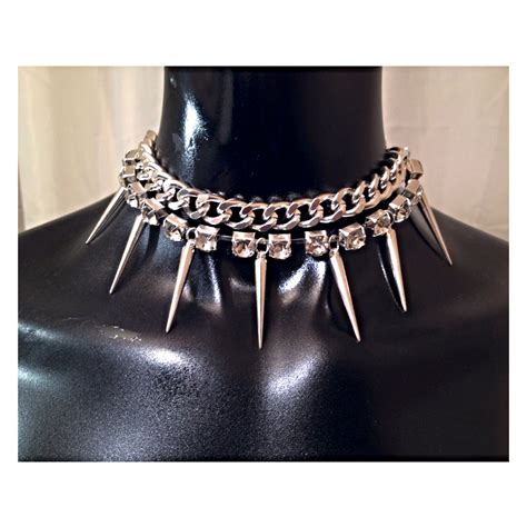 Rhinestone Spike Choker Silver Metal