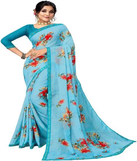 Buy Aruna Sarees Floral Print Daily Wear Chiffon Saree Light Blue