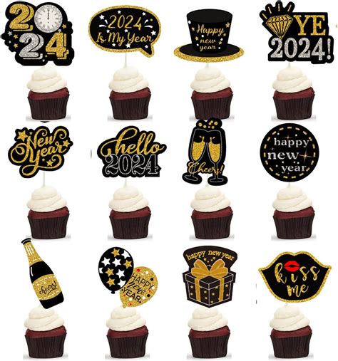 Amazon Pcs Happy New Year Cupcake Toppers Black Gold Glitter