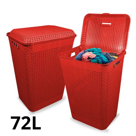 Cesto De Roupa Suja Grande Rattan Telado Organizador 72L Escorrega O