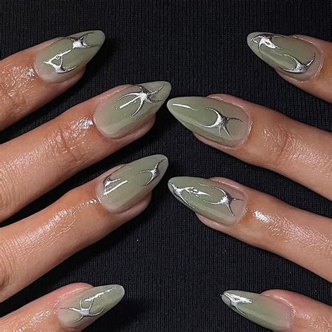 Gel X Nails Riverside Ca On Instagram Sage Green Airbrushed Base With Chrome Detail Inspo