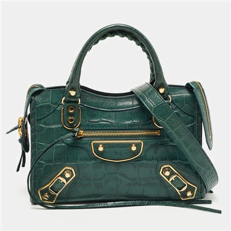 Balenciaga Green Croc Embossed Leather Mini Metallic Edge City Bag