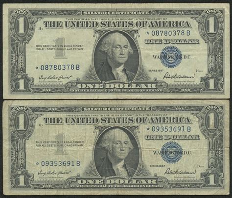 Lot Of 2 1957 Star Note 1 One Dollar Blue Seal Silver Certificates