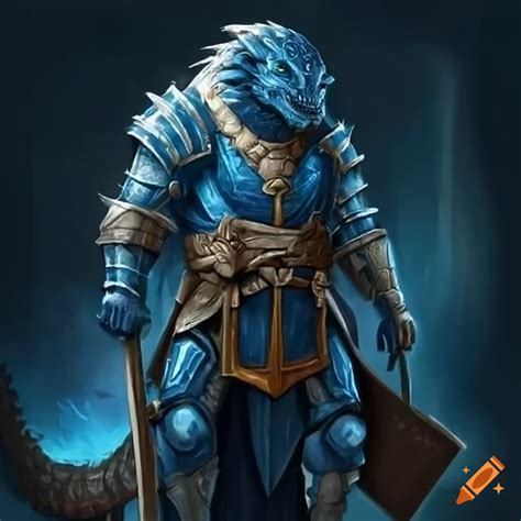 Illustration Of A Blue Dragonborn Warrior In Armor With A Hammer And