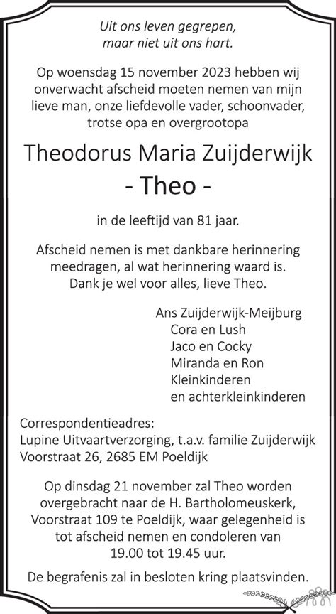 Theodorus Maria Theo Zuijderwijk 15 11 2023 Overlijdensbericht En