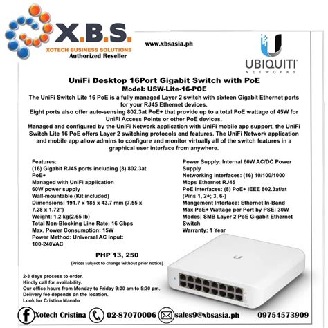 Ubiquiti UniFi Desktop 16Port Gigabit Switch With PoE Model USW Lite