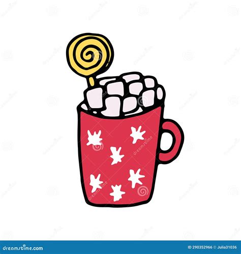 Red Cup With Hot Chocolate Cocoa With Marshmallows And Lollipop Stock Illustration