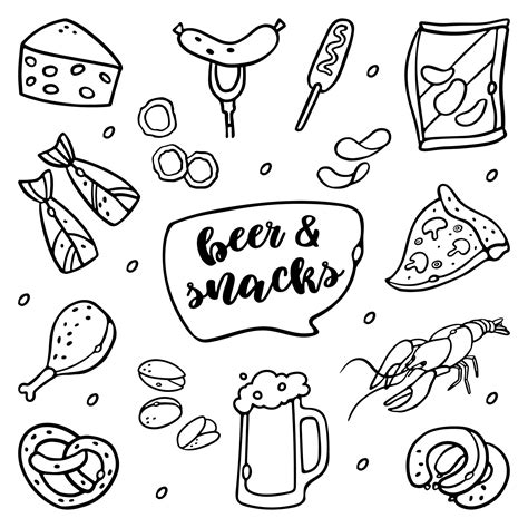 Beer Snacks Fast Food Set Outline Doodle Vector Illustration Hand