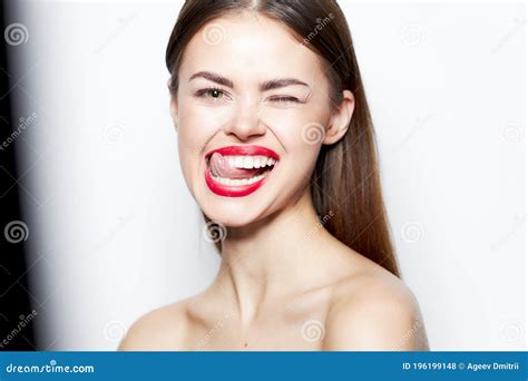Woman Skin Care Naked Shoulders Fun Grimace Shows Tongue Stock Photo Image Of Open Happiness