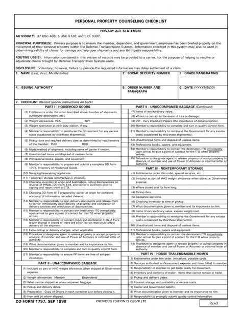 Dd Form 1797 Personal Property Counseling Checklist September