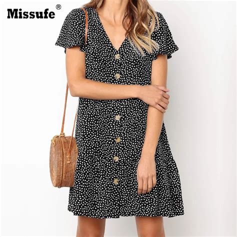 Missufe V Neck Print Beach Dress Short Sleeve Button Ruffles Boho Mini