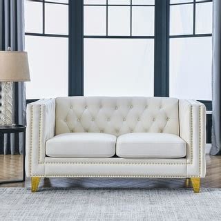 Beige Velvet Buttons Tufted Upholstered Sofa With Nailhead Armrests