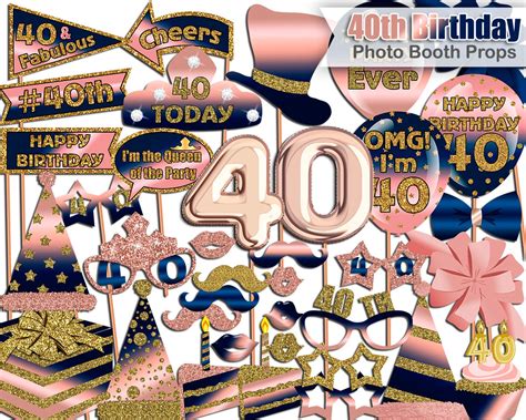 40th Birthday Photo Booth Props Navy Rose Gold 40th Birthday Etsy