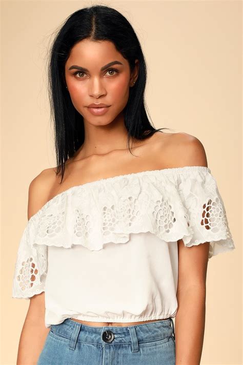 Lovely White Top Off The Shoulder Embroidered Top Crop Top Lulus