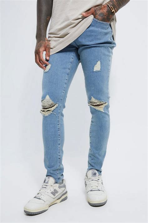 Skinny Stretch Exploded Knee Ripped Jeans Boohoo Uk