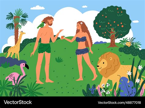 Adam And Eve In Eden Garden Cartoon Biblical Vector Image