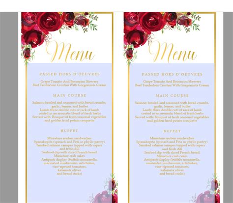 Red Roses Menu Cards Template Red Flowers Menu Card Floral Red Etsy