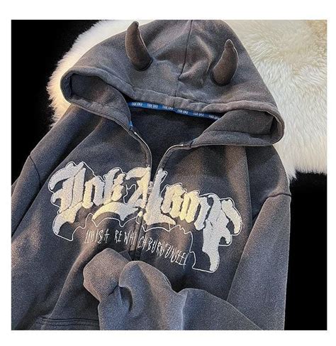 Y2k Streetwear Zip Up Hoodie With Horns Women Hoodies Sweatshirts