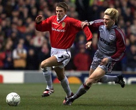 Man Utd 1 Bayern Munich 1 in Dec 1998 at Old Trafford. David Beckham ...