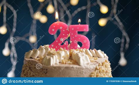 Birthday Cake With 25 Number Pink Candle On Blue Backgraund Stock Photo