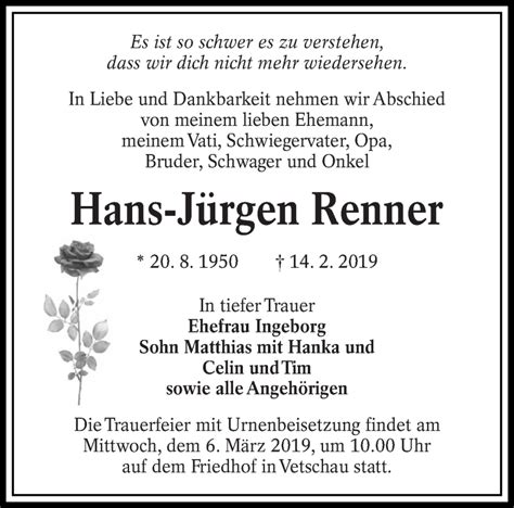 Traueranzeigen von Hans Jürgen Renner lr online trauer de