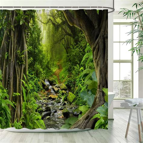 Spring Forest Shower Curtains Wooden Bridge Tropical Rainforest