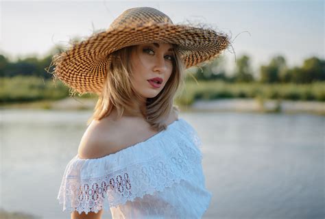 Wallpaper Blonde Hat Portrait River Depth Of Field Women