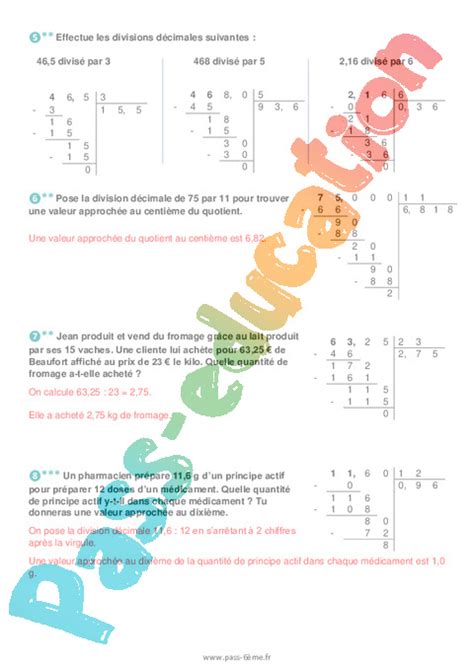 Division décimale Exercices de nombres et calculs pour la 6ème PDF