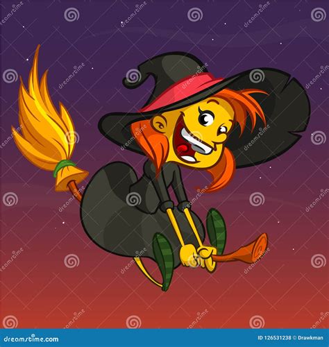 Funny Cartoon Witch Flying on Her Broom. Stock Vector - Illustration of ...