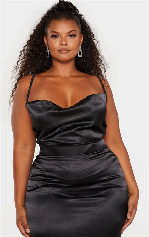 Plus Black Satin Cami Top Plus Size Prettylittlething Aus