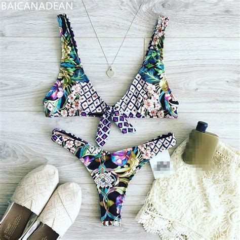 Bikini Set Sexy Floral Print Braided Knot Swimsuit Female Push Up